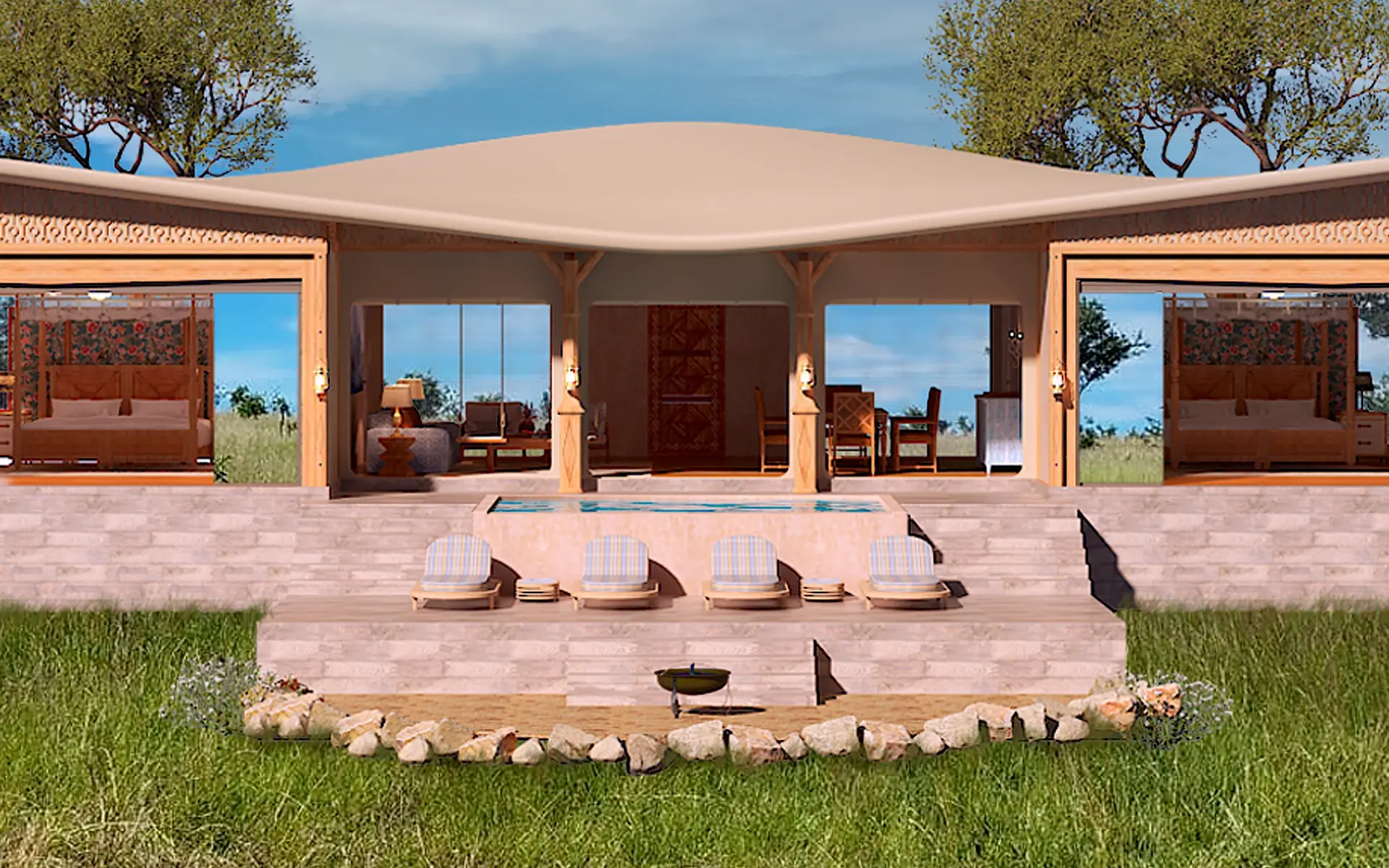 A private deck, with an infinity pool and four sun-beds in the Presidential Villa at One Nature Mara River.