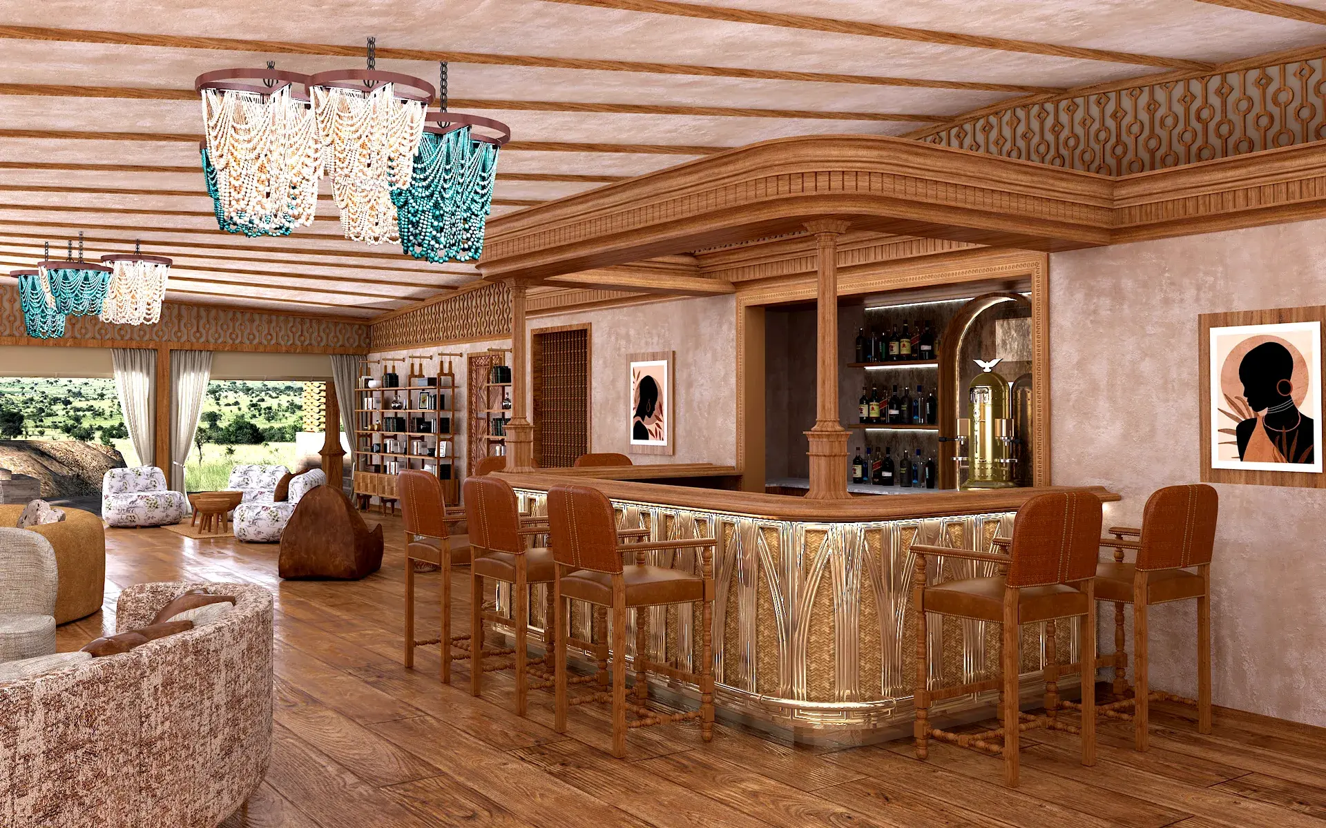 African-inspired bar in the Guest Area of One Nature Mara River in the Serengeti.