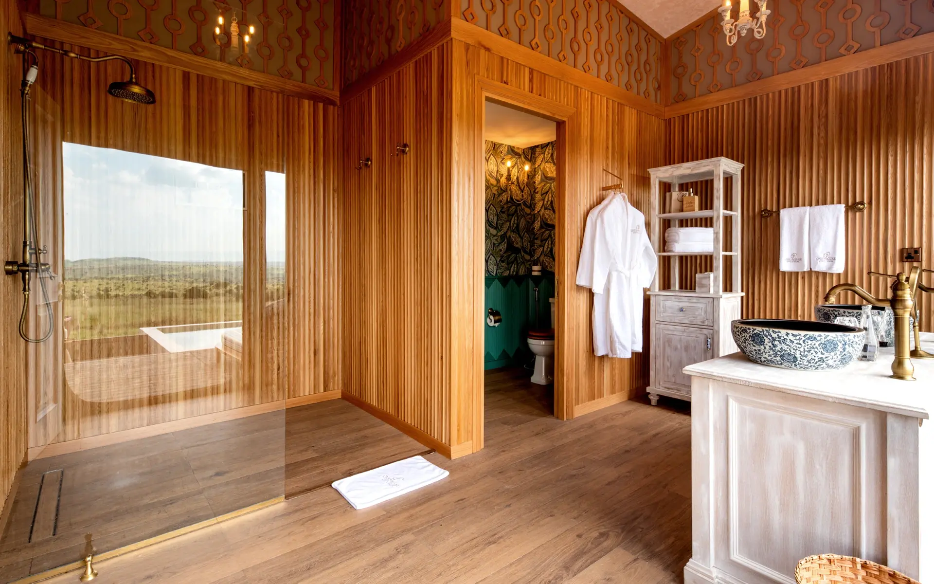Indoor shower in the ensuite bathroom of one-bedroom villa at One Nature Mara in the Serengeti.
