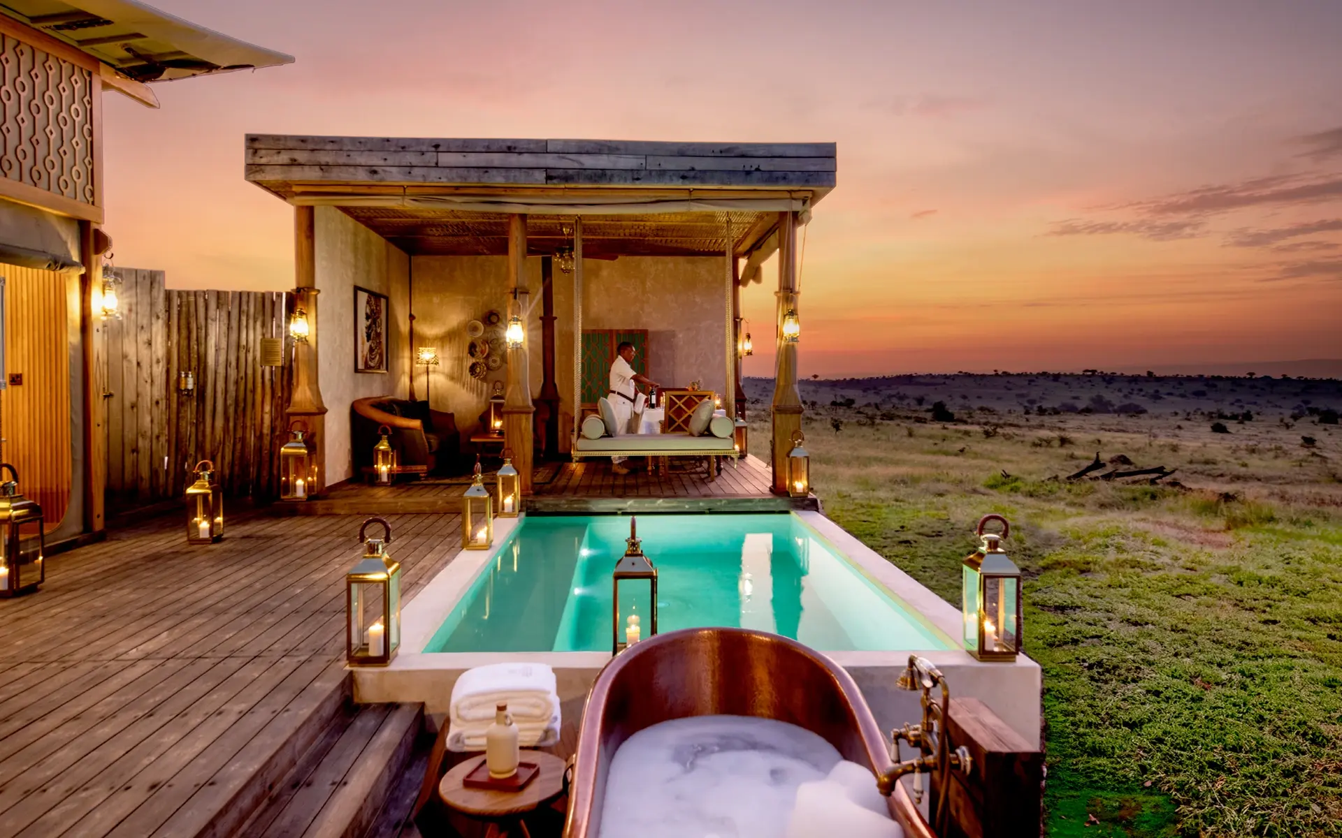 A luxury one-bedroom villa with a private pool, deck, and breathtaking views of the Northern Serengeti at One Nature Mara River.