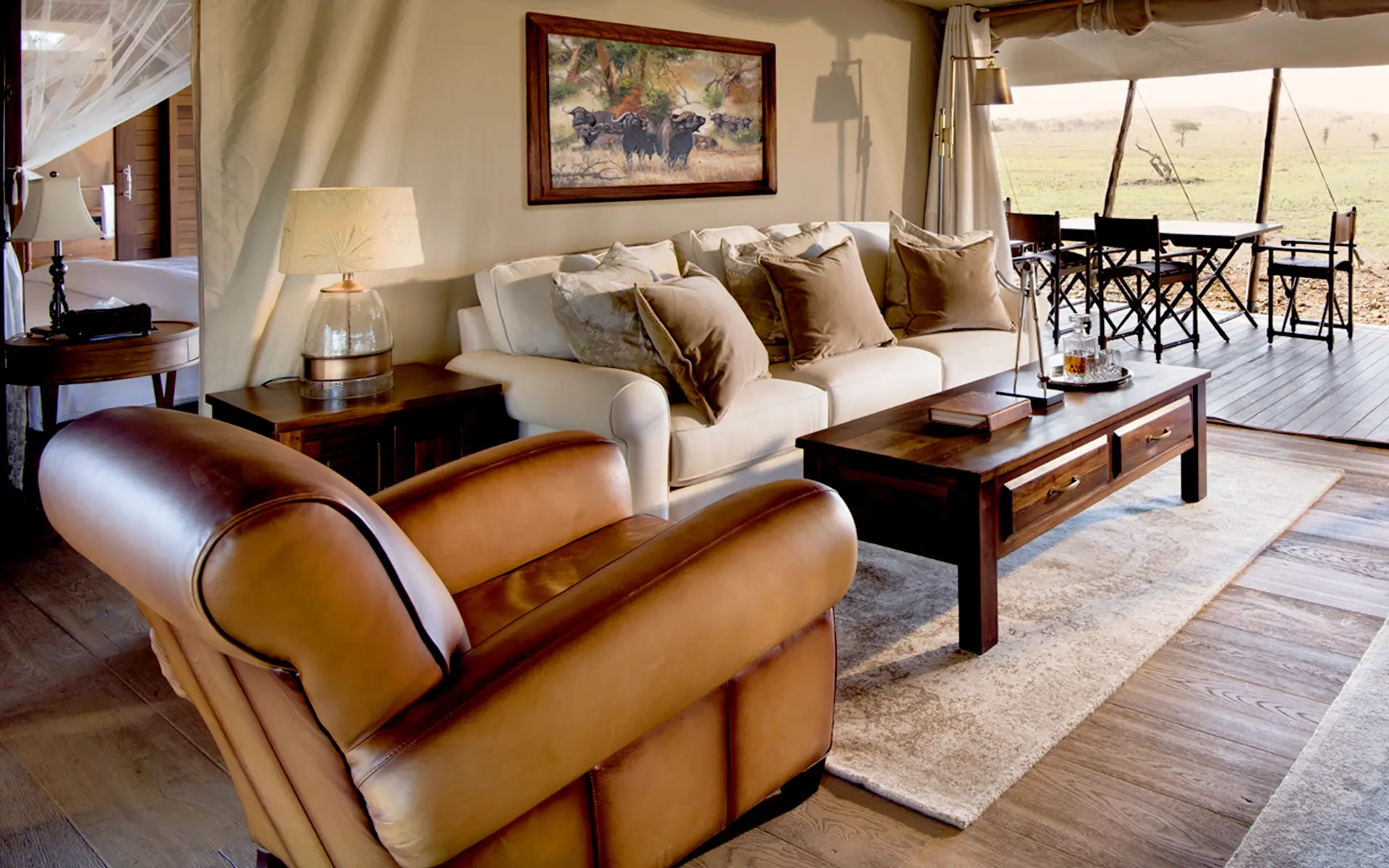 Living room area with savannah view in the luxury family tent in Serengeti