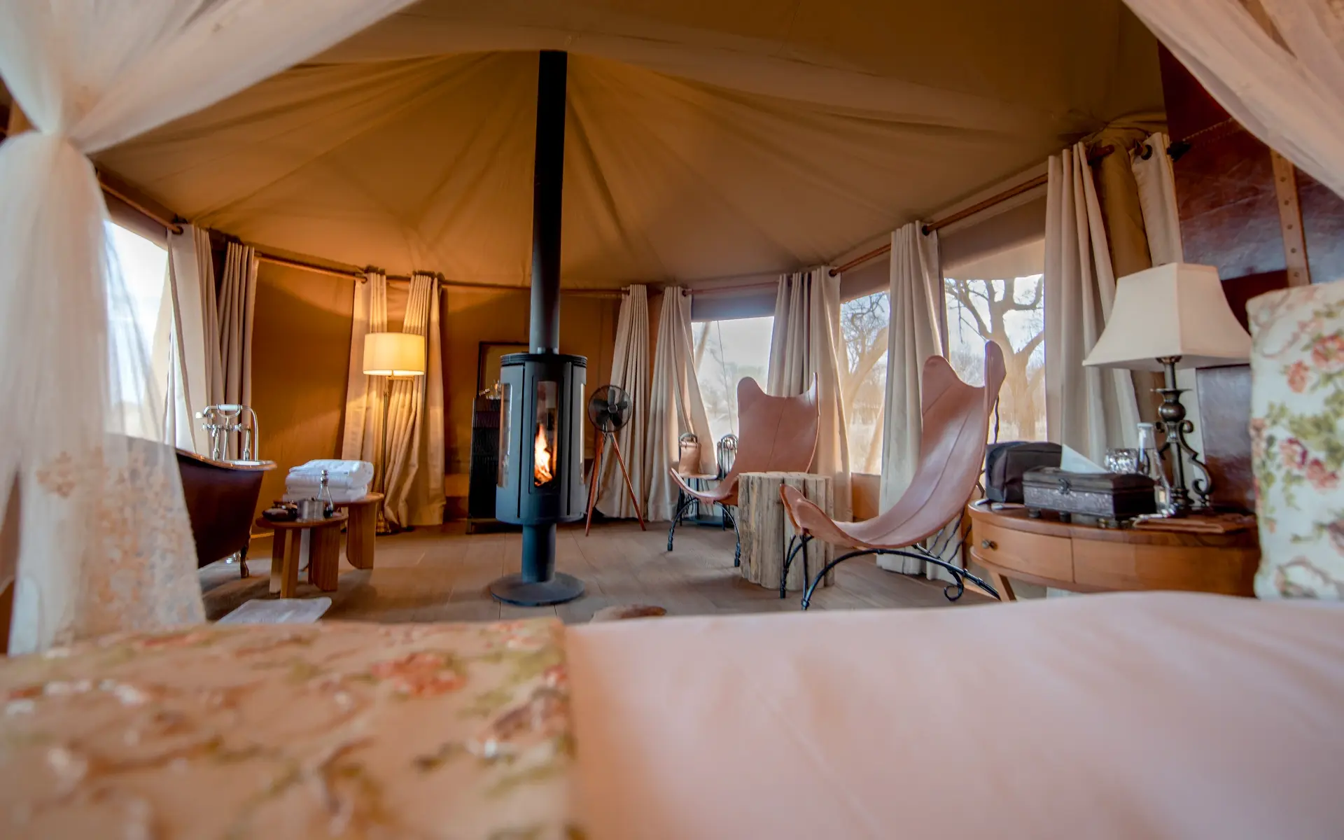 Wood burning stove in the luxury African tent