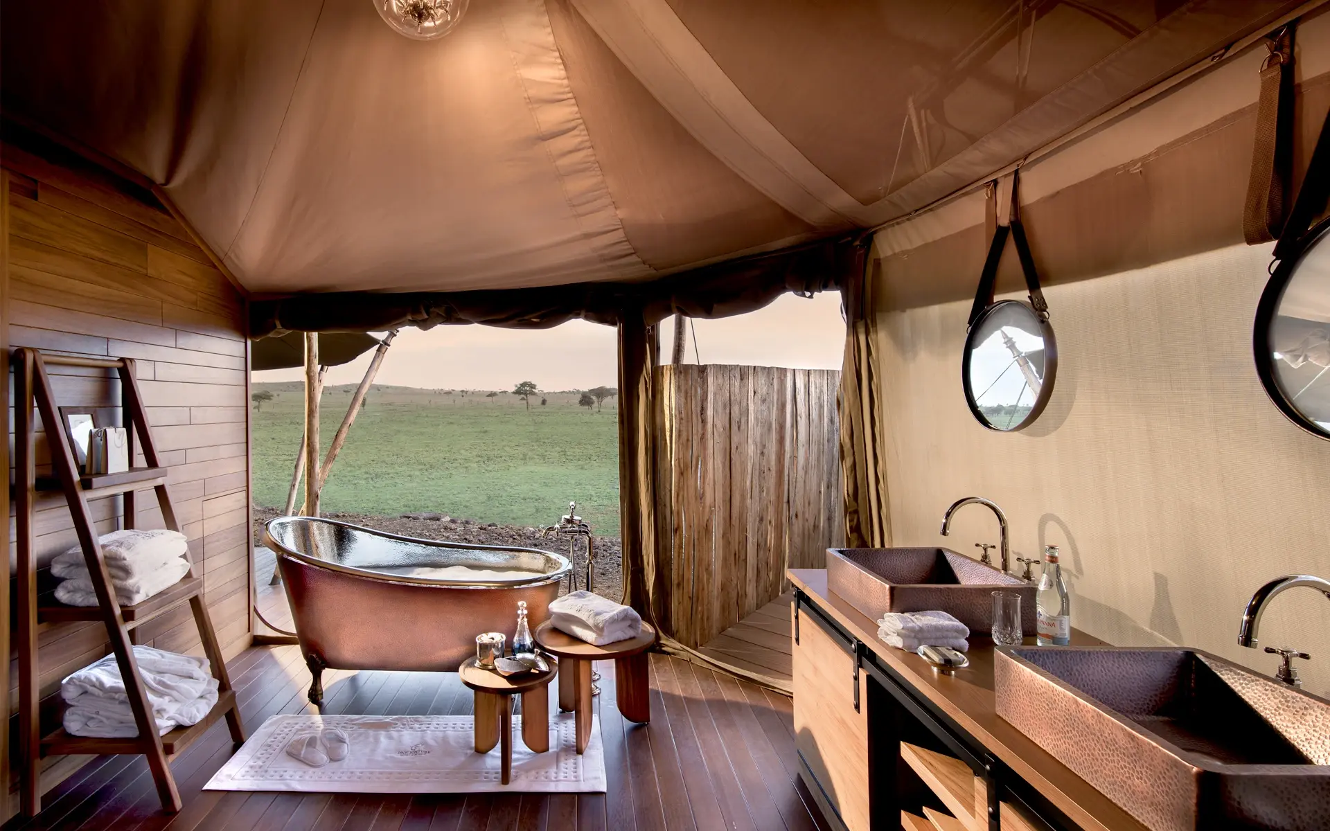 Luxury family bathroom with an African savannah view