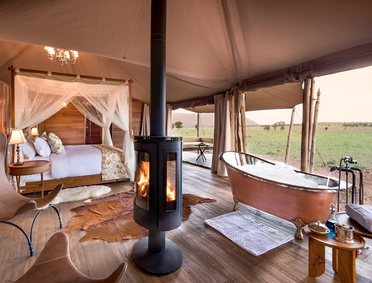 A one-bedroom lodge at One Nature Nyaruswiga with panoramic views of the Serengeti.