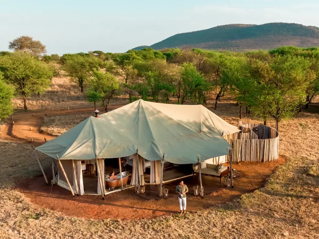 One-bedroom luxury tent at One Nature Nyaruswiga in the Serengeti.