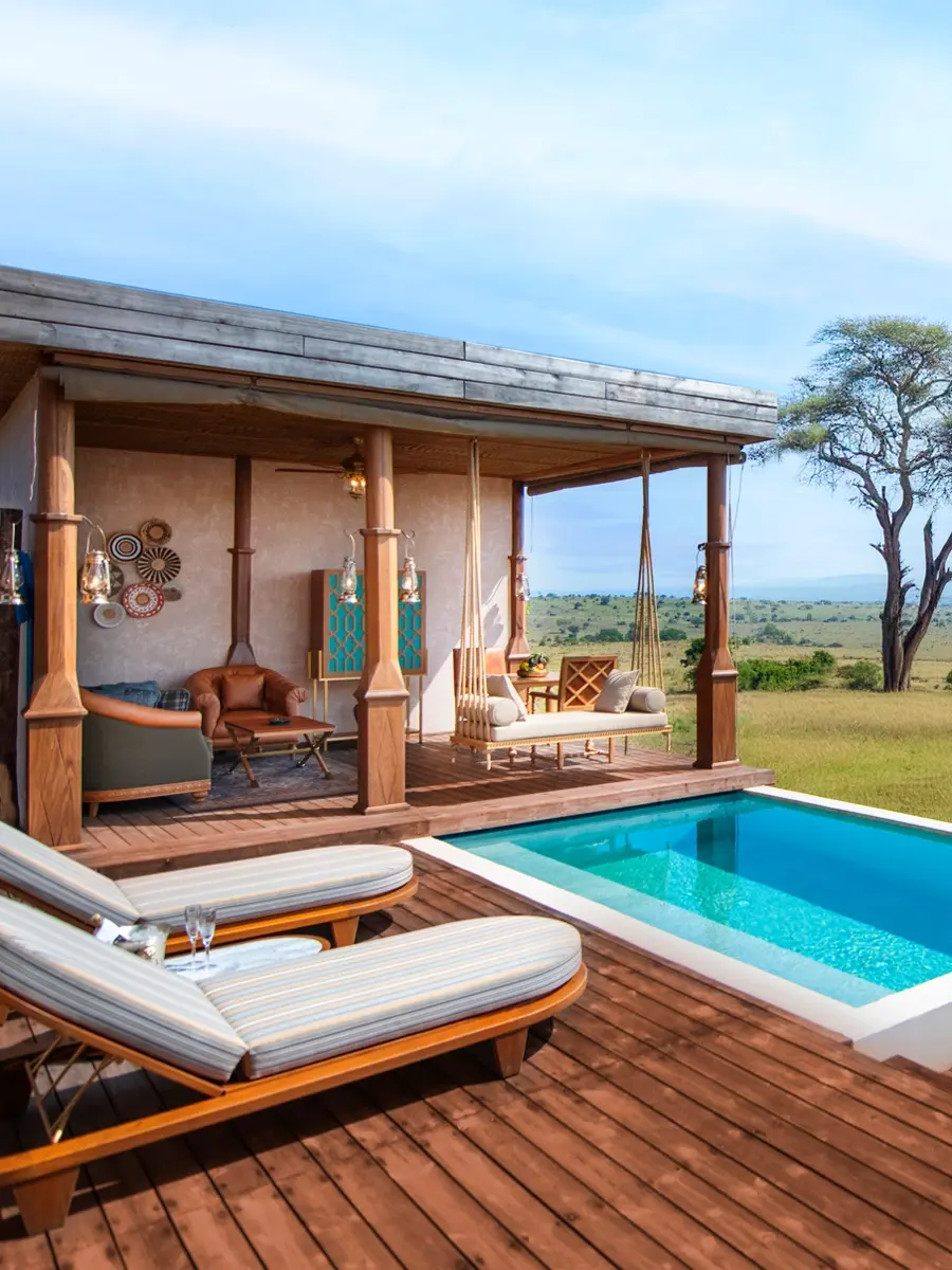 Private sundeck, outdoor lounge, and pool area at One Nature Mara River Lodge in the Serenegti.