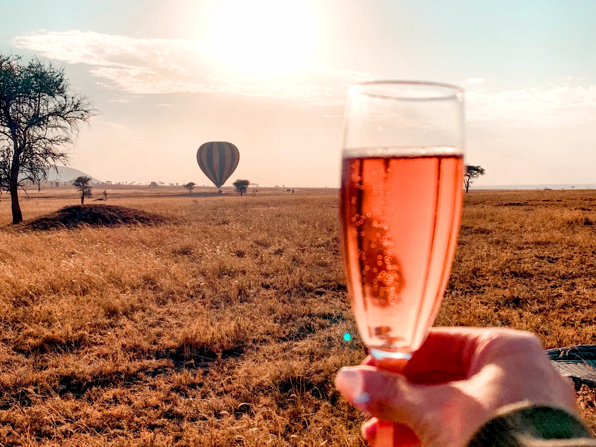 Hand holding a glass of rosé with a hot air balloon over a golden savannah at sunrise.