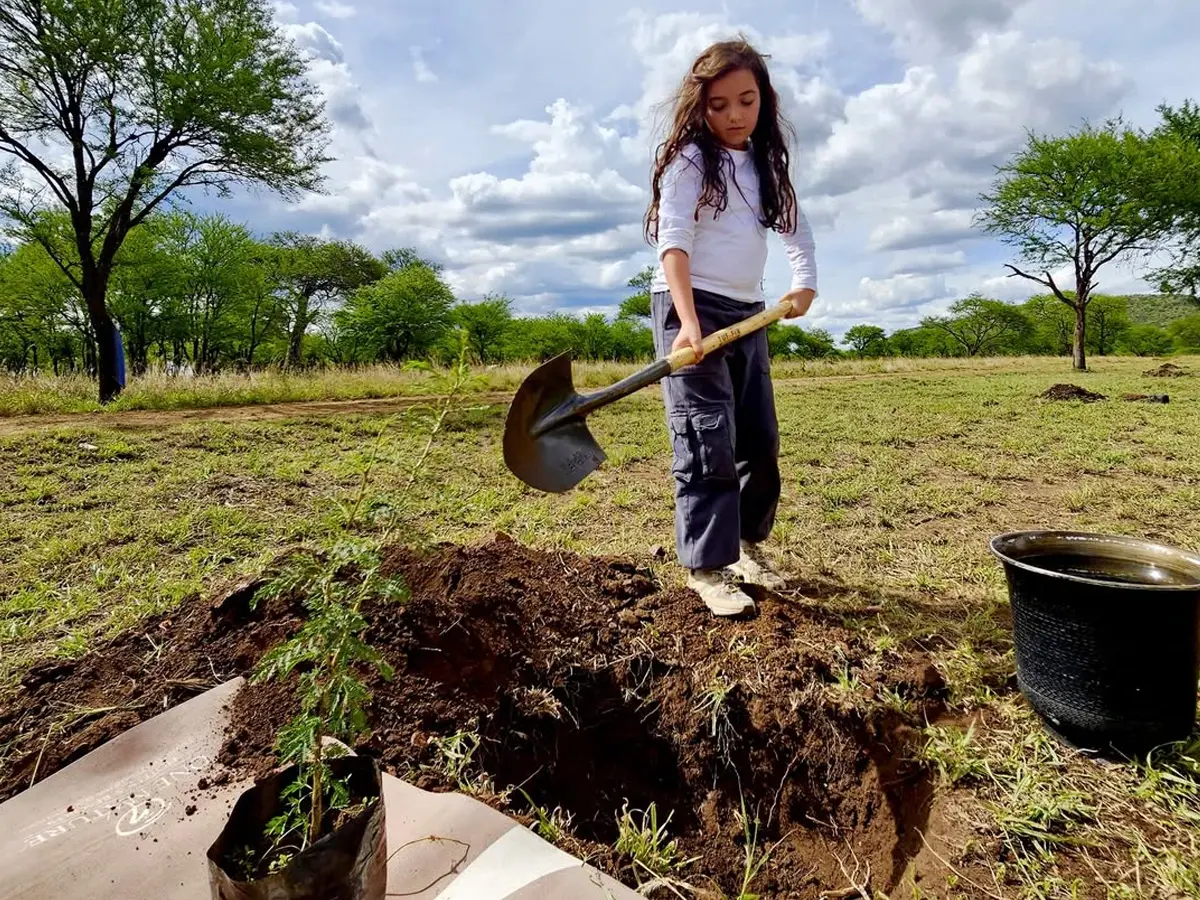A child plants a tree as part of Serengeti's wildlife conservation and tree-planting efforts by One Nature Hotels.